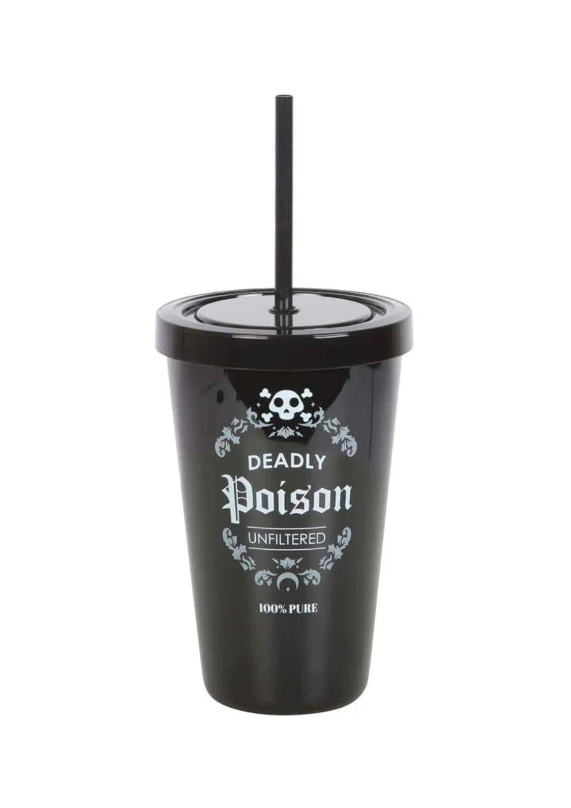 Schwarzer tödliches gift tumbler mit passendem deckel und stroh in gotischem design und dunkler ästhetik
